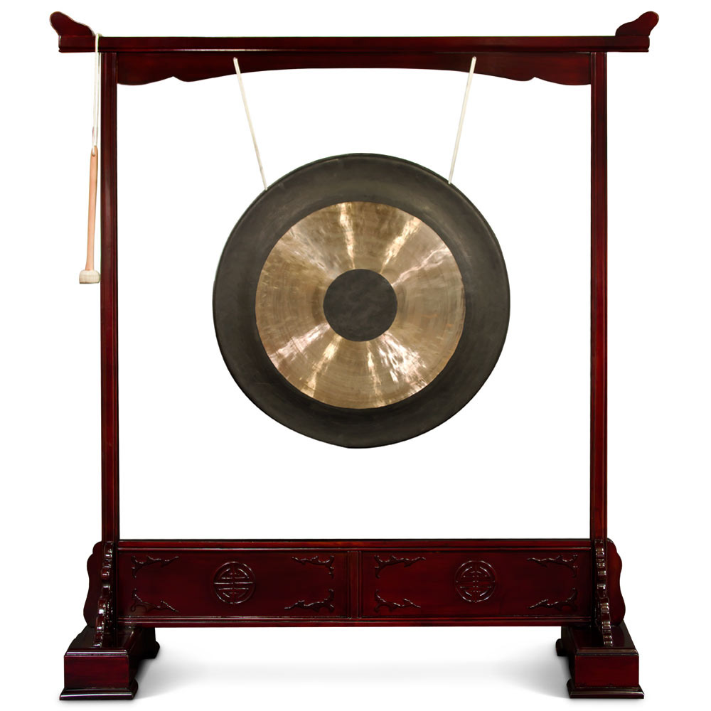 Chinese Brass Gong with Cherry Finish Longevity Motif Rosewood Stand
