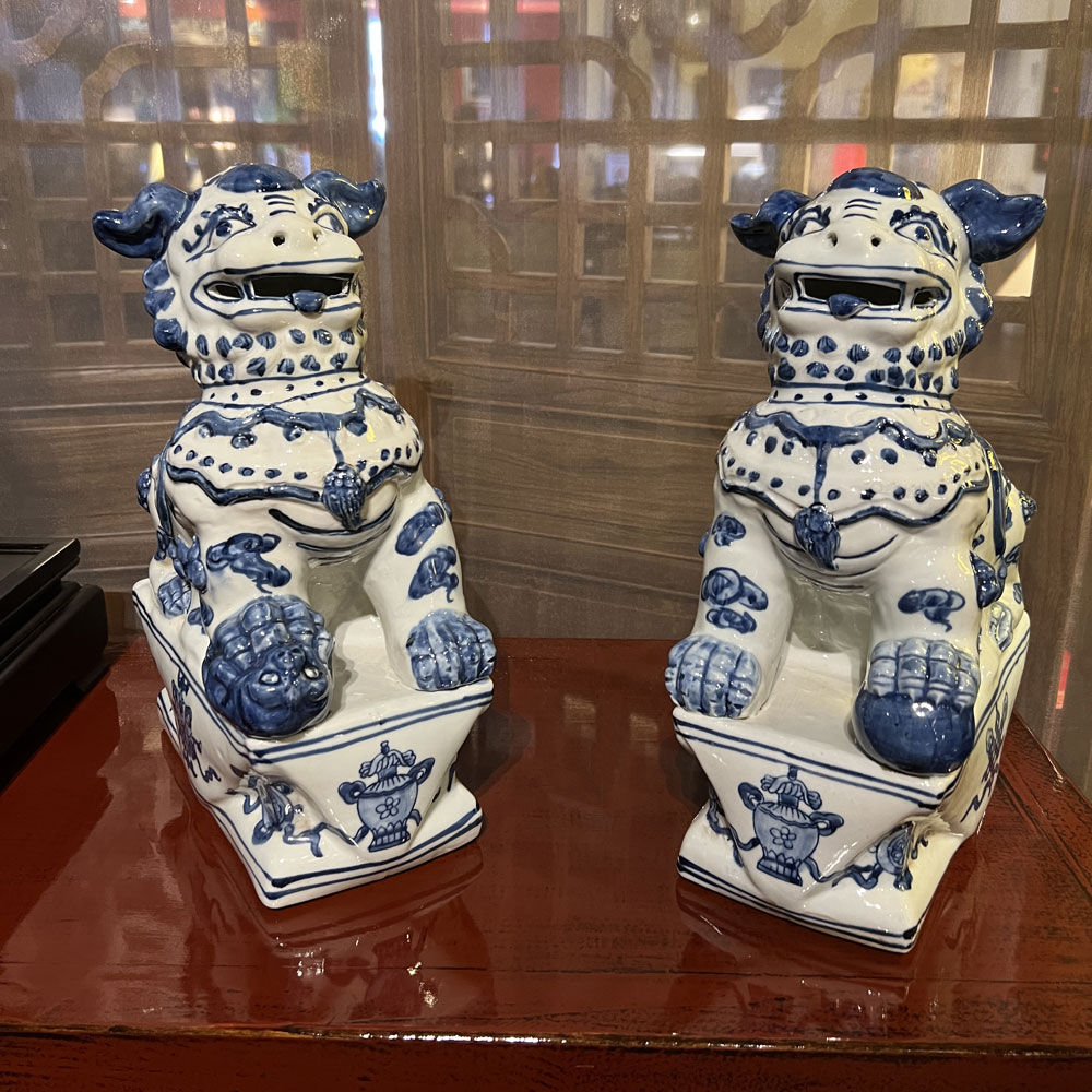 Set of 2 Blue and White Qing Dynasty Foo Dogs