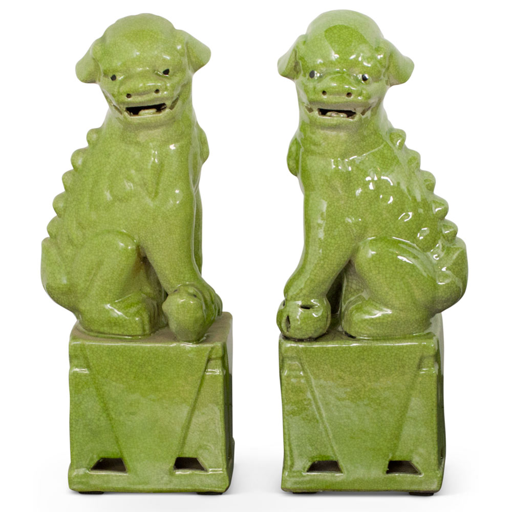 Green Porcelain Foo Dogs Chinese Statue Set