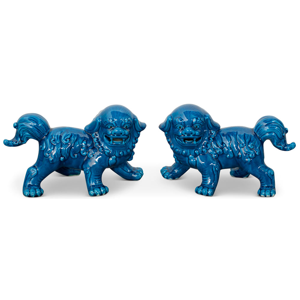 Blue Porcelain Standing Chinese Foo Dog Set