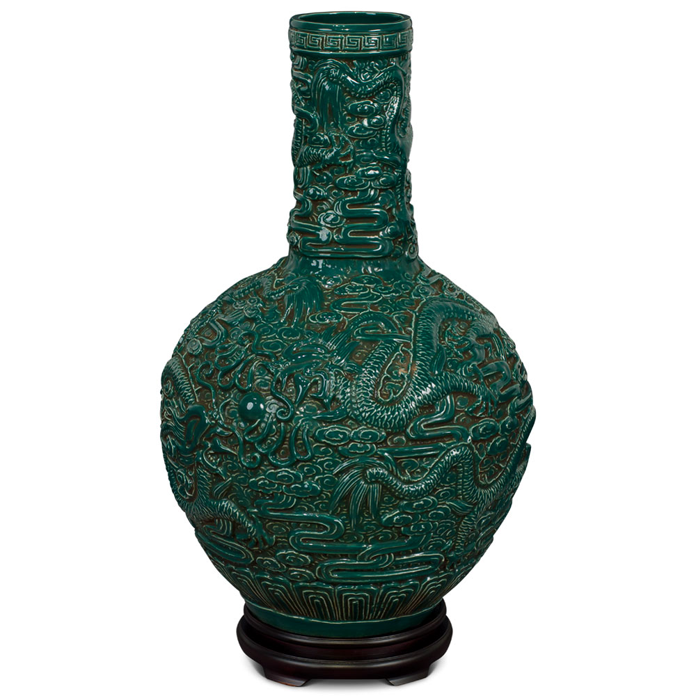 Emerald Green Porcelain Imperial Dragon Motif Chinese Temple Vase