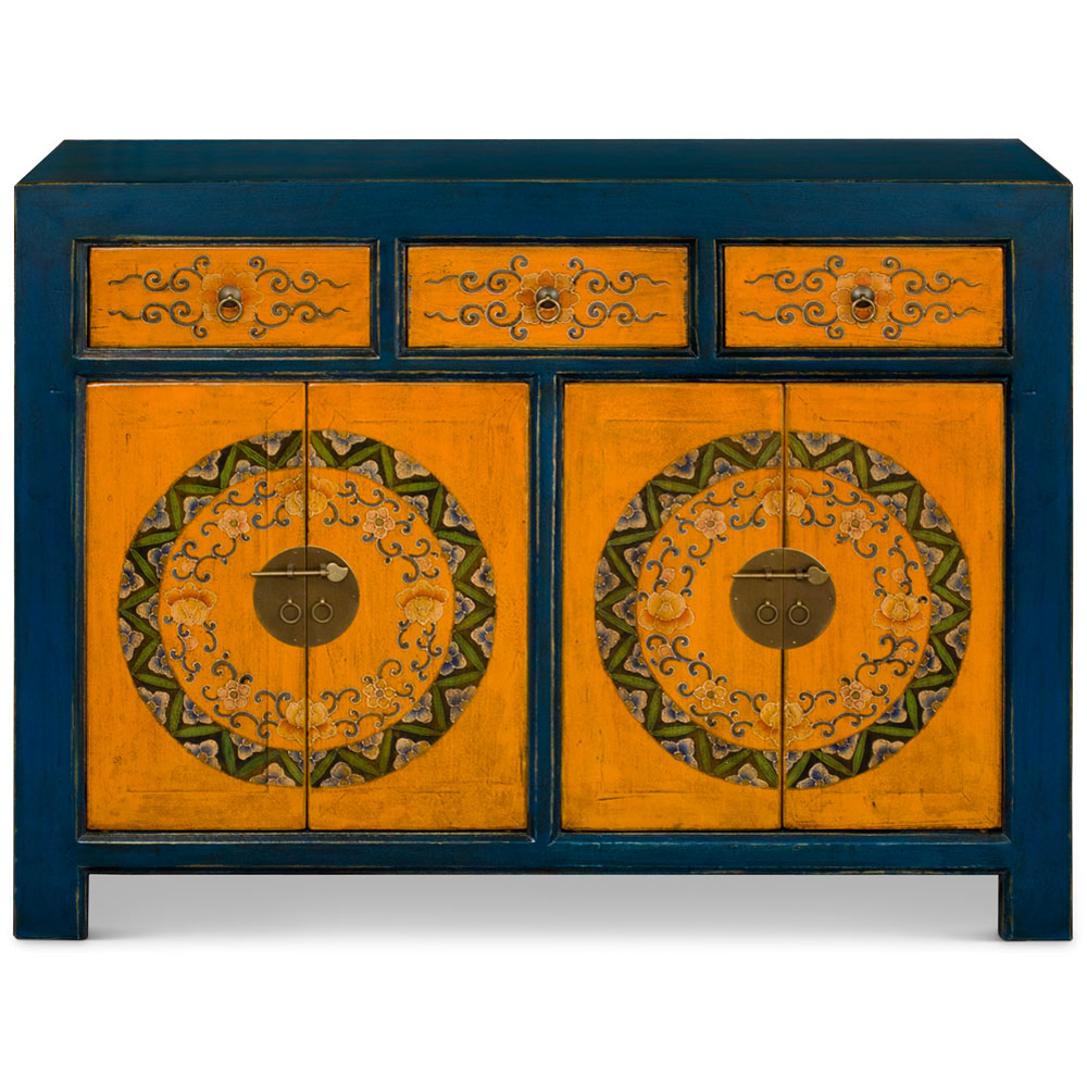 Hand Painted Distressed Blue and Yellow Tibetan Cabinet