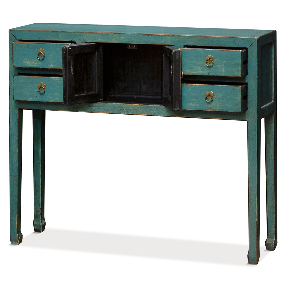 Distressed Teal Blue Elmwood Petite Oriental Console Table