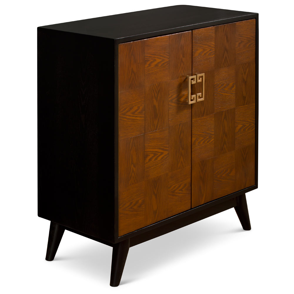 Wood Checker Motif Double Door Zen Modern Asian Cabinet