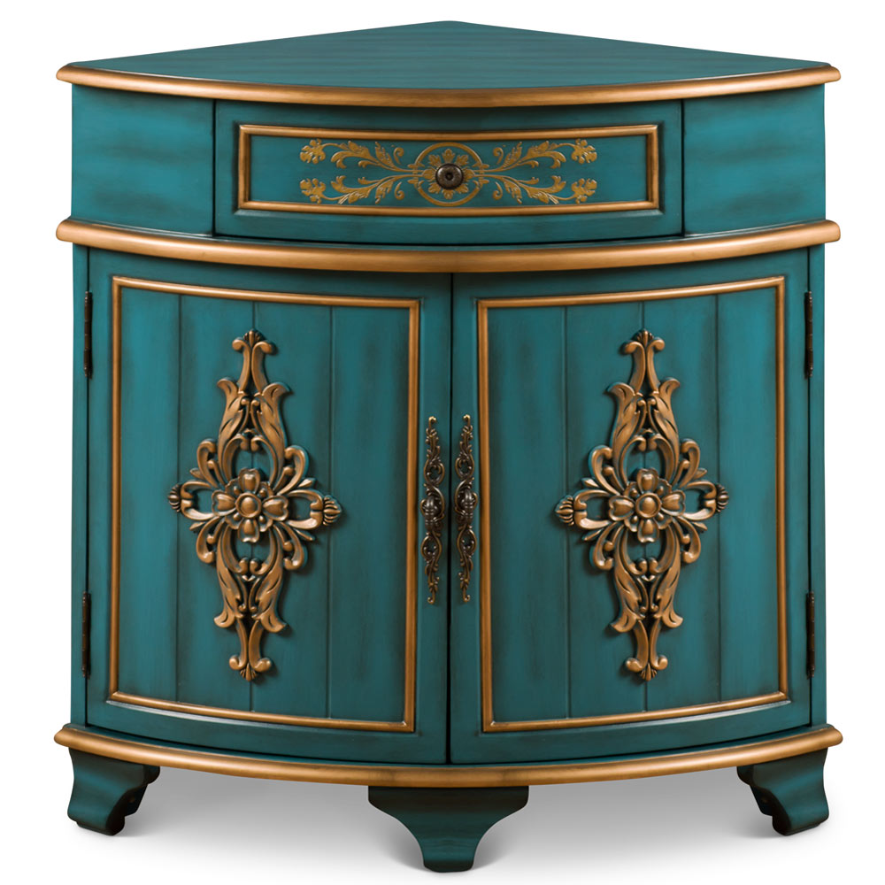 Aquamarine Blue and Gold French Style Asian Round Corner Cabinet