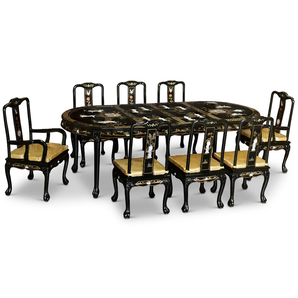 Black Lacquer Mother of Pearl Oval Oriental Dining Set - with FREE Inside Delivery