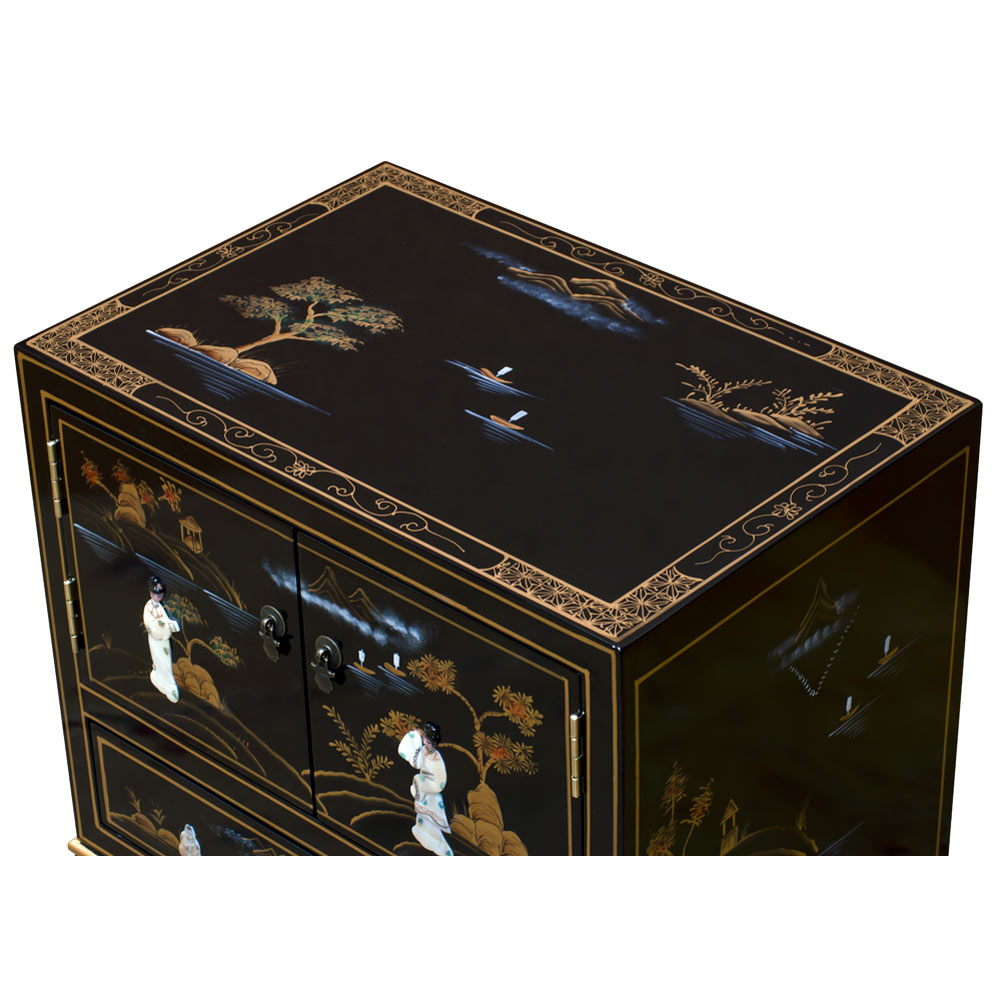 Black Lacquer Chinoiserie with Mother of Pearl Oriental Accent Cabinet