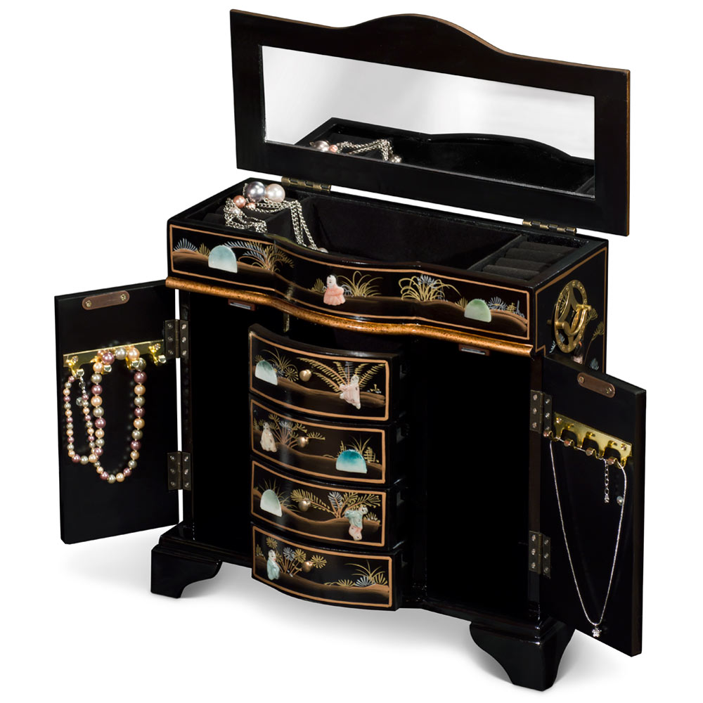 Black Lacquer Mother of Pearl Motif Shan-Shan Jewelry Chest