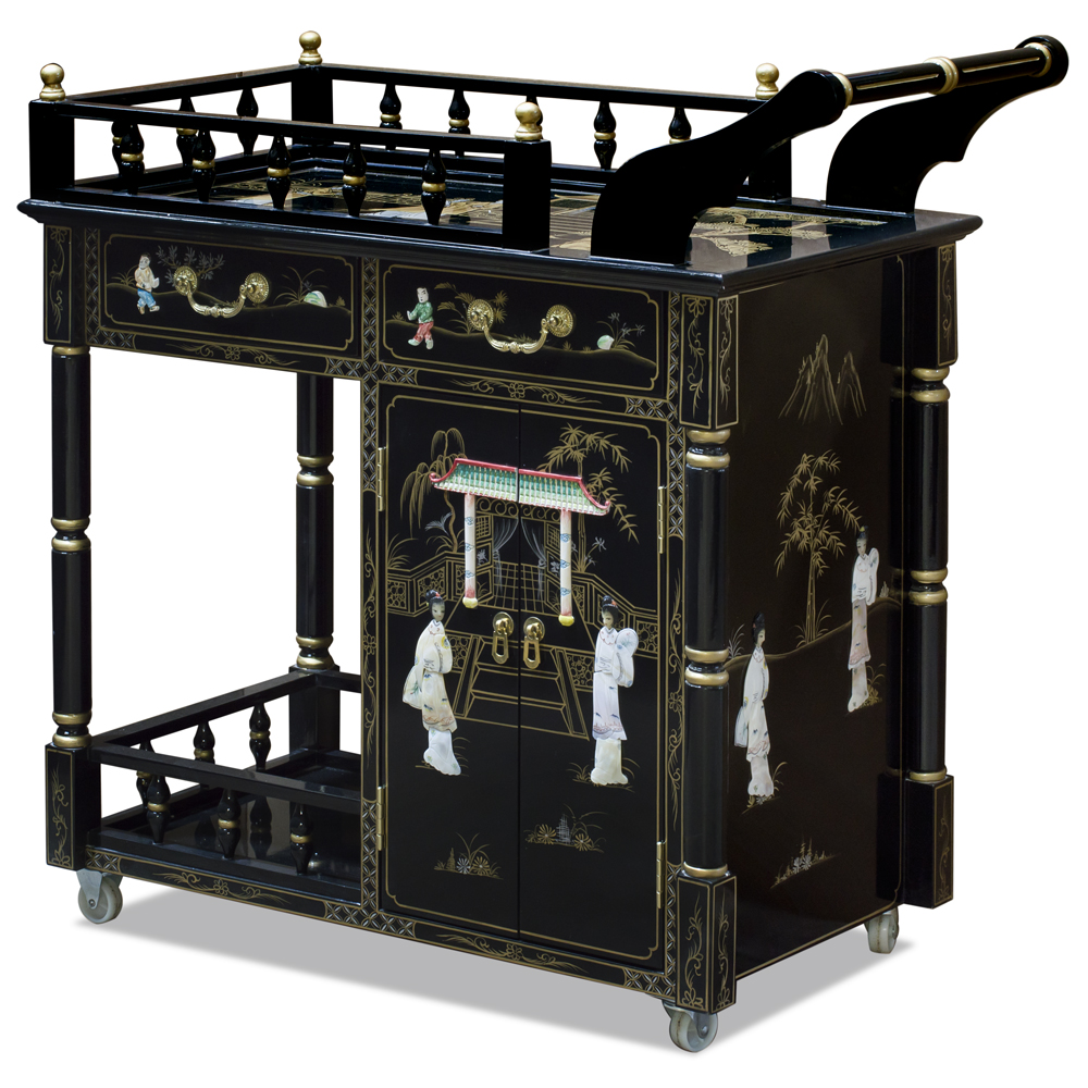 Black Lacquer Mother of Pearl Chinese Tea Cart