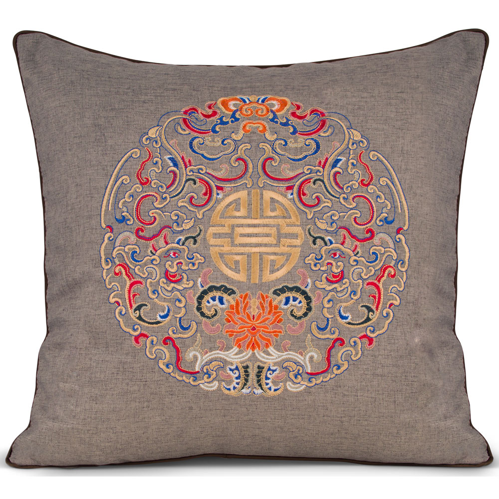 Earthen Embroidered Longevity Motif Chinese Linen Pillow