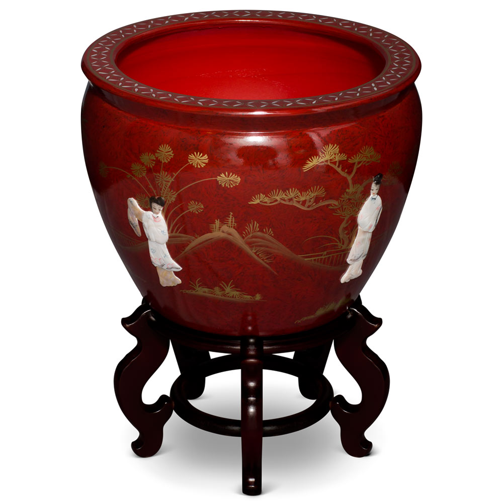 16 Inch Red Mother of Pearl Figurine Chinese Fishbowl Planter