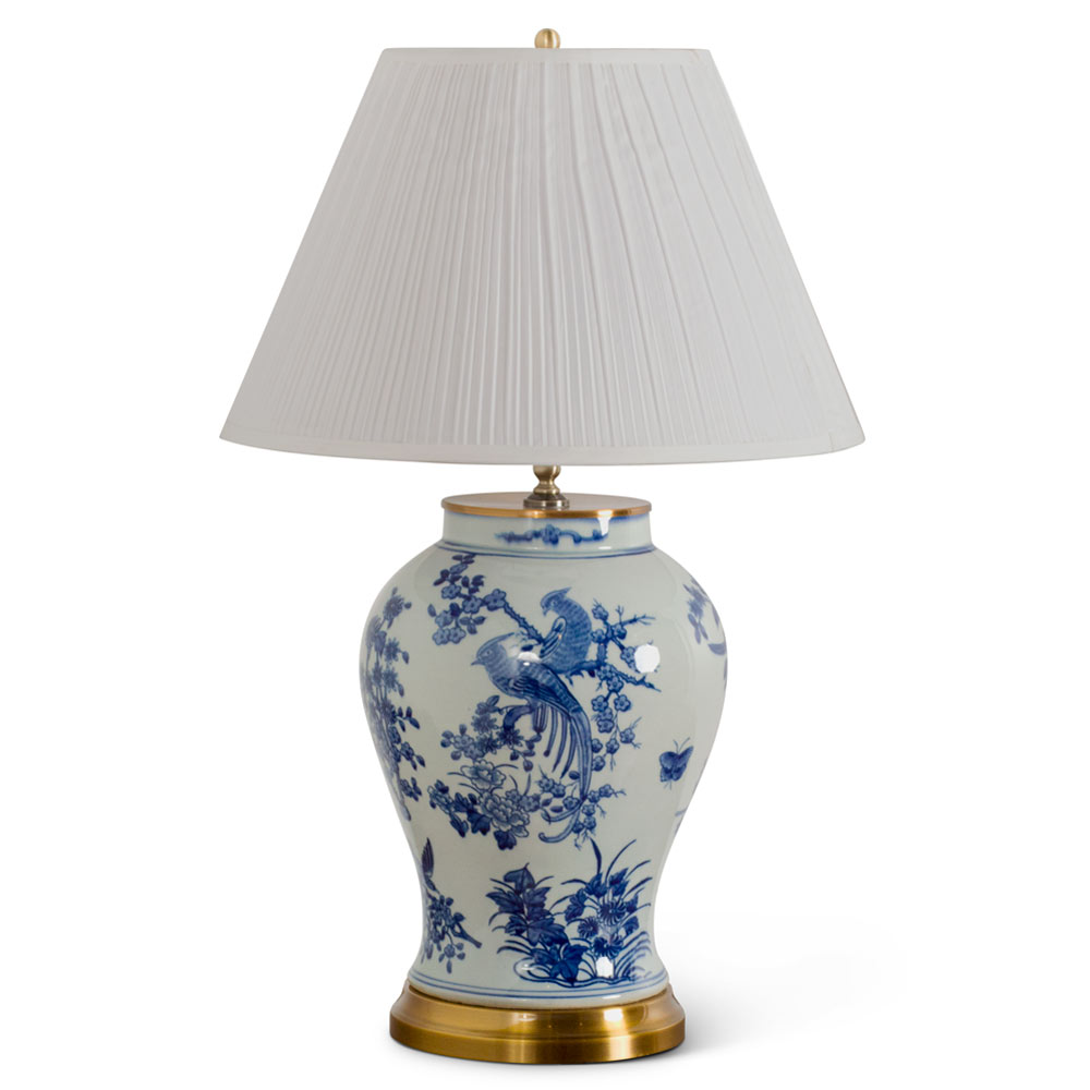 Hand Painted Blue and White Bird and Flower Oriental Porcelain Lamp