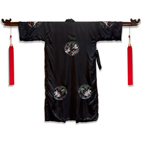 Black Chinese Silk Robe with Crane Motif