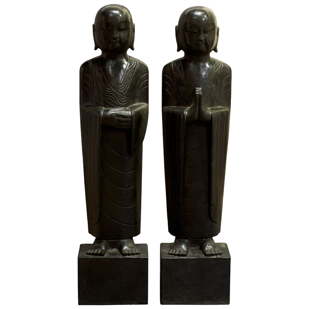 Hand Carved Standing Black Stone Monk Chinese Statue Set - with FREE Inside Delivery