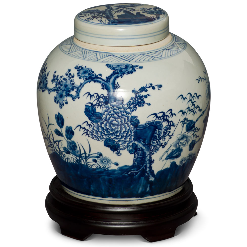 Blue and White Flower Motif Porcelain Chinese Jar