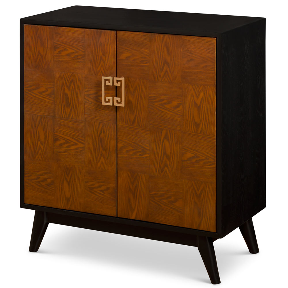Wood Checker Motif Double Door Zen Modern Asian Cabinet