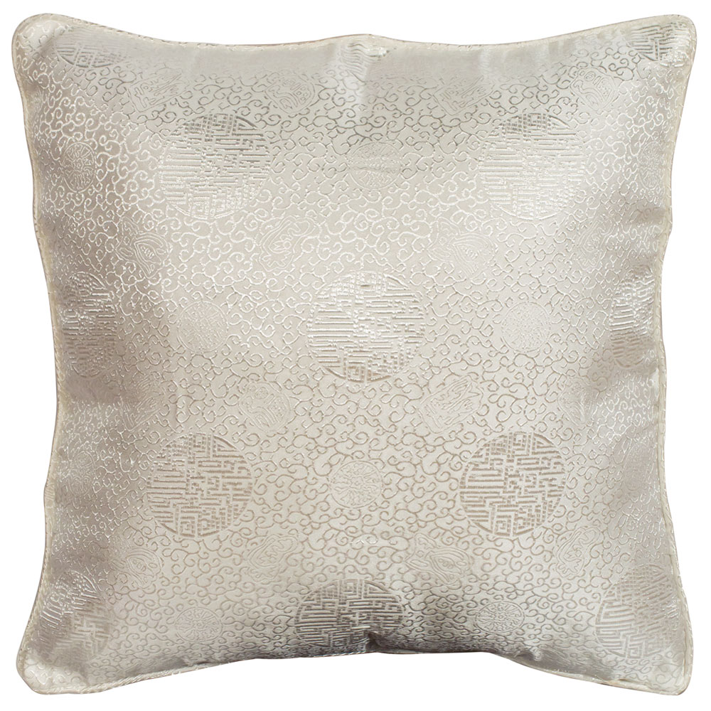 White Longevity Motif Chinese Silk Pillow (#8)