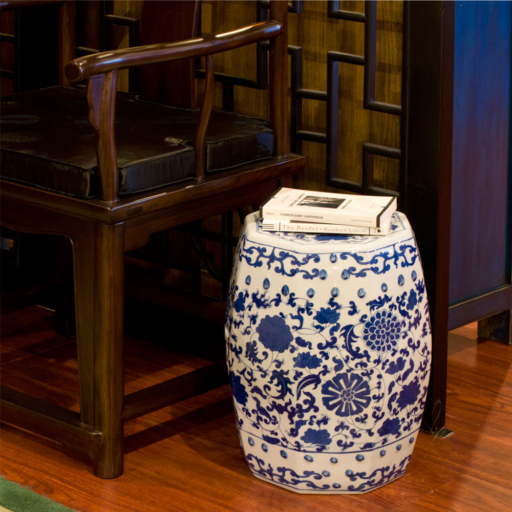 Blue & White Porcelain Octagonal Chinese Palace Garden Stool with Flower and Vine Motif