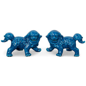 Blue Porcelain Standing Chinese Foo Dog Set