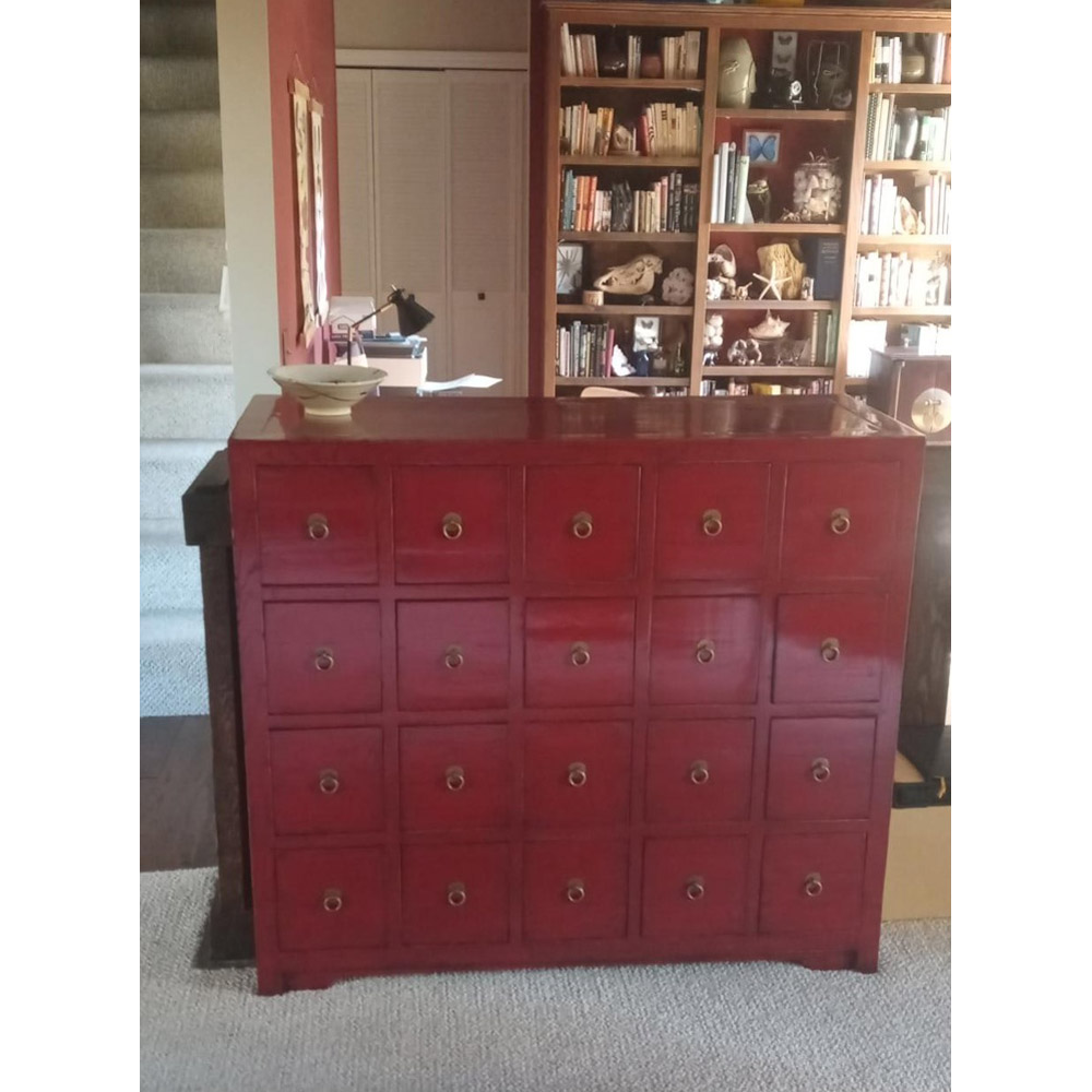 asian elmwood distressed red apothecary chest