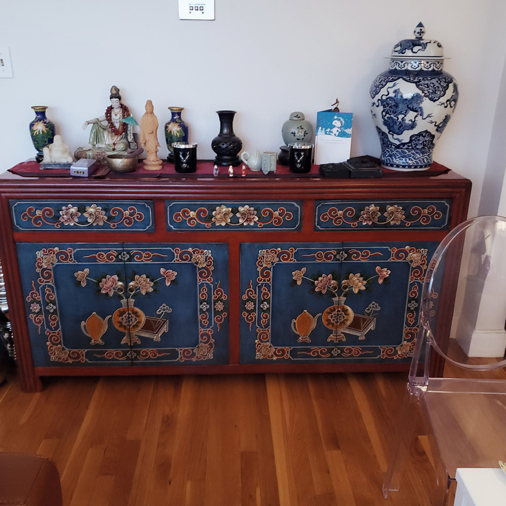 Customer's Asian furnishing elmwood tibetan cabinet