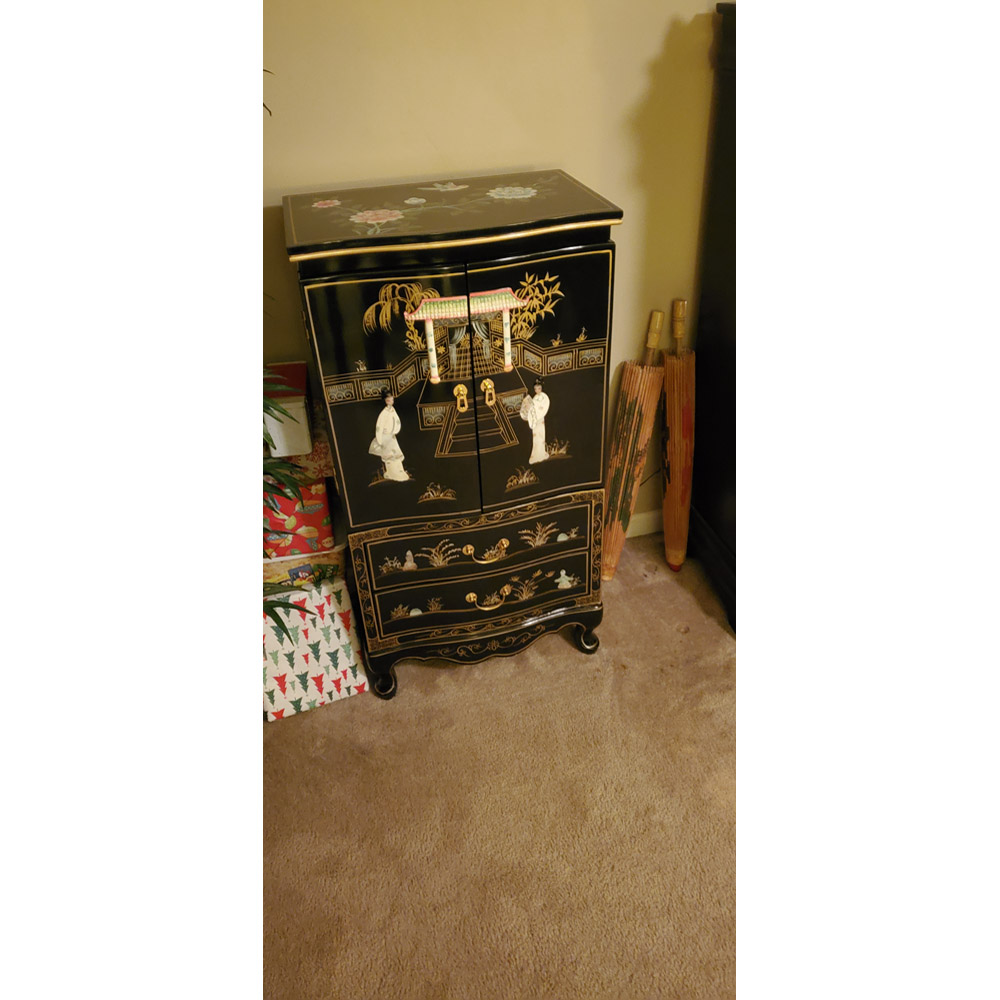 asian Black lacquer mother of pearl ladies jewellery armoire