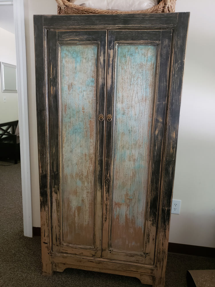Customer's Asian furnishing distressed blue elmwood armoire