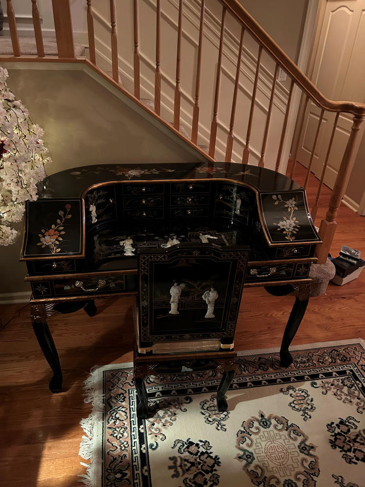 Customer's Chinese furnishing black lacquer piano desk with chair
