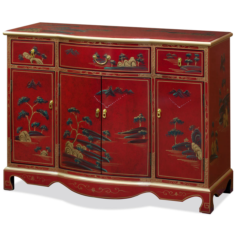 China Furniture Online Red Lacquer Chinoiserie Scenery Motif Oriental Hall Cabinet 