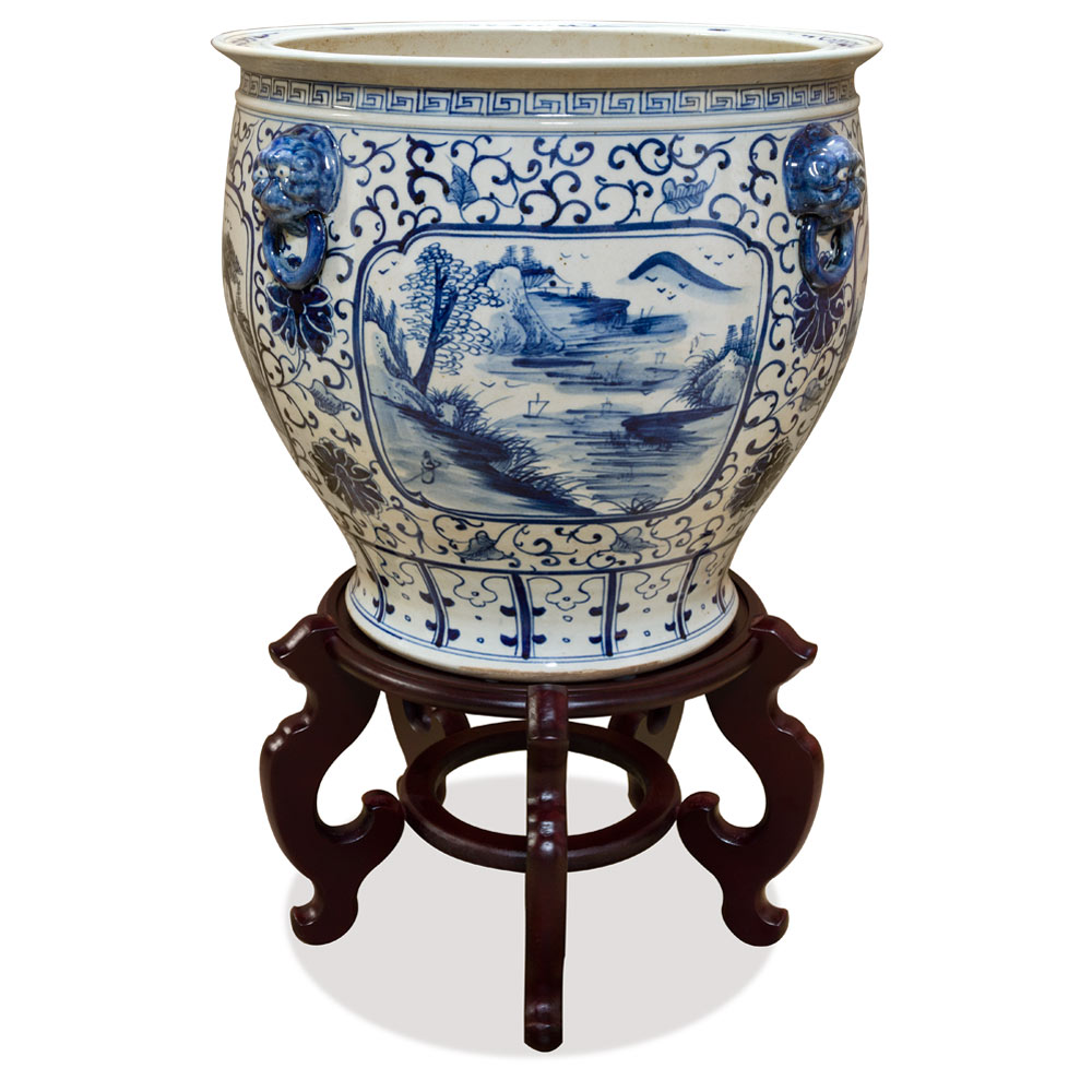 Blue and White Porcelain Scenery Motif Chinese Fishbowl Planter