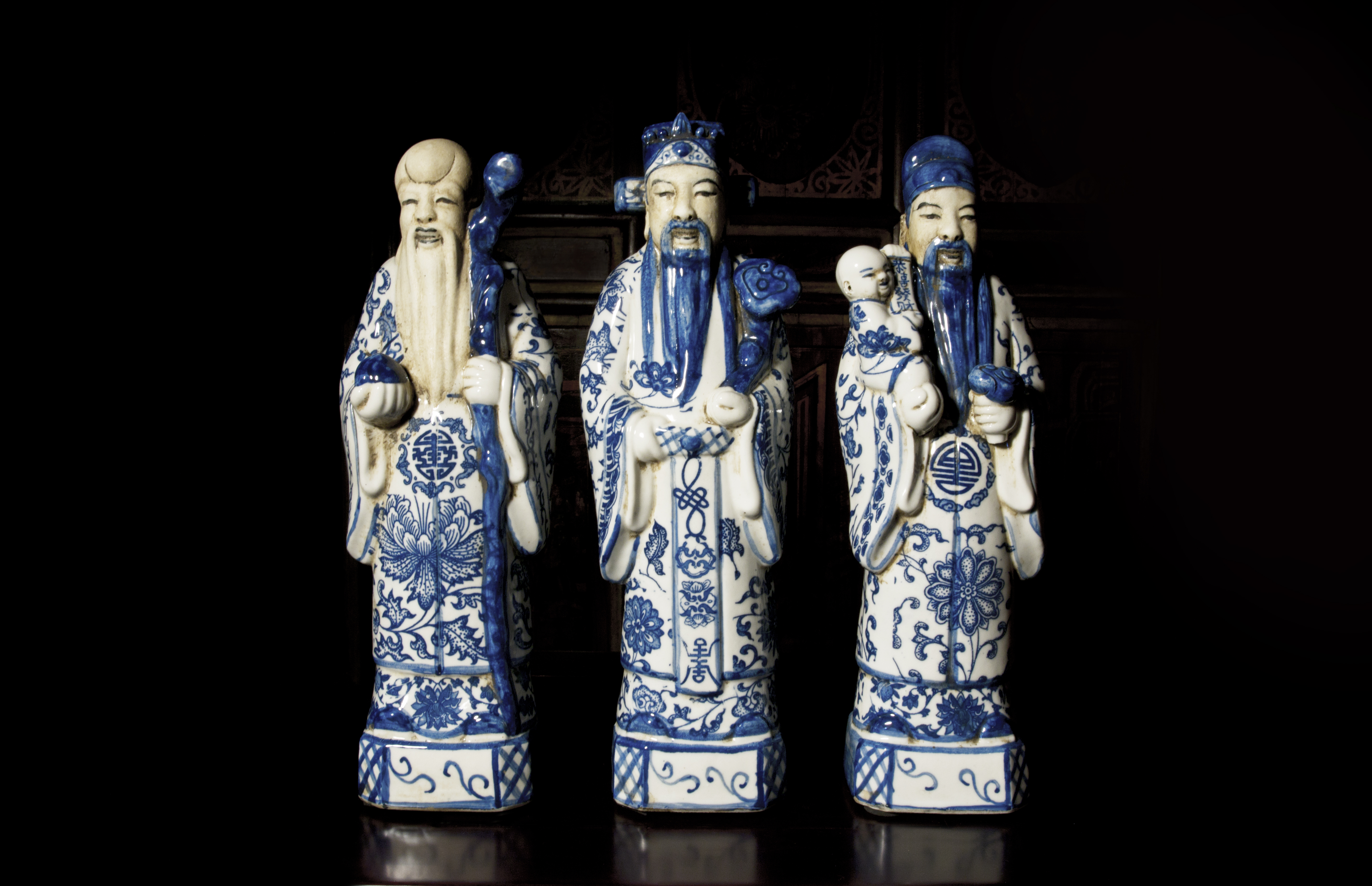 Chinese Blue and white Porcelain Sanxing Statues - Three Gods