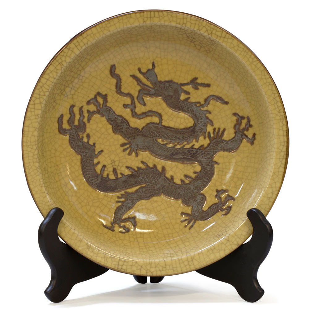 Yuan Dynasty Chinese Porcelain Plate with Hand Engraved Imperial Dragon