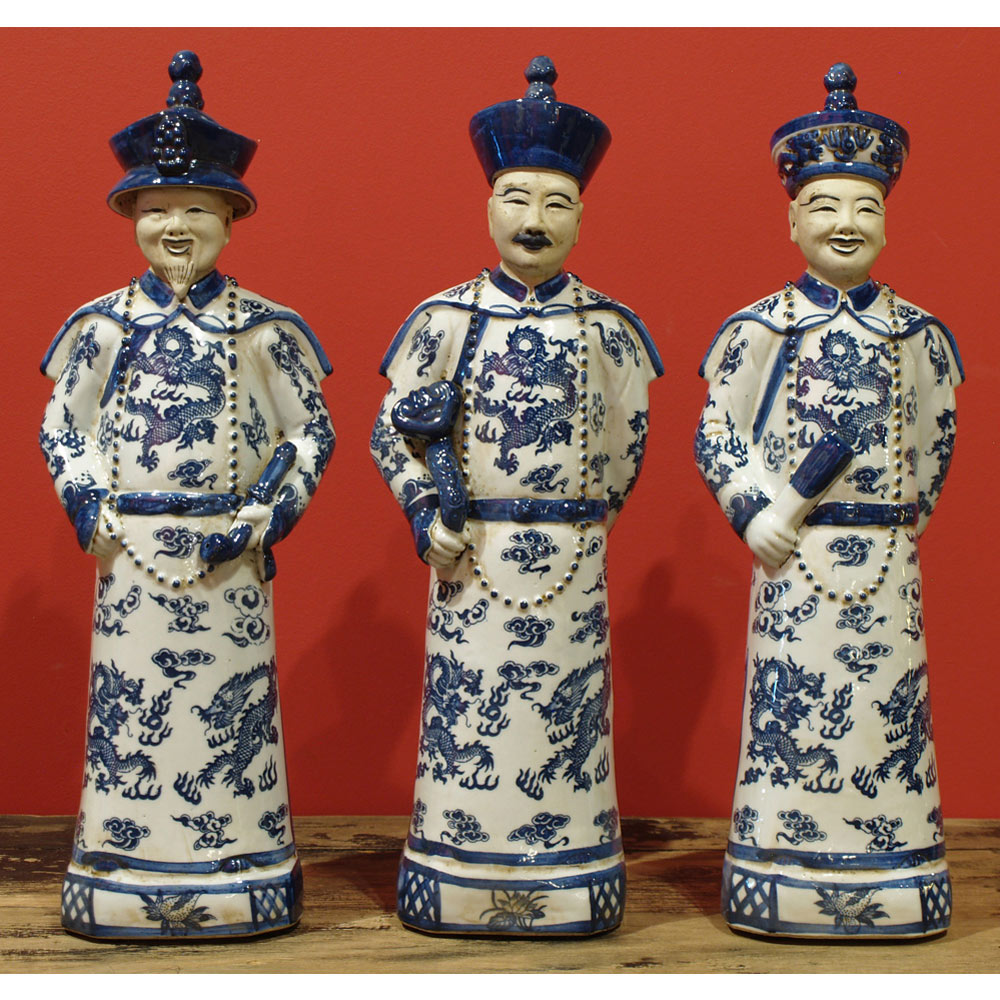 Blue and White Porcelain Qing Emperor Chinese Figurine Set