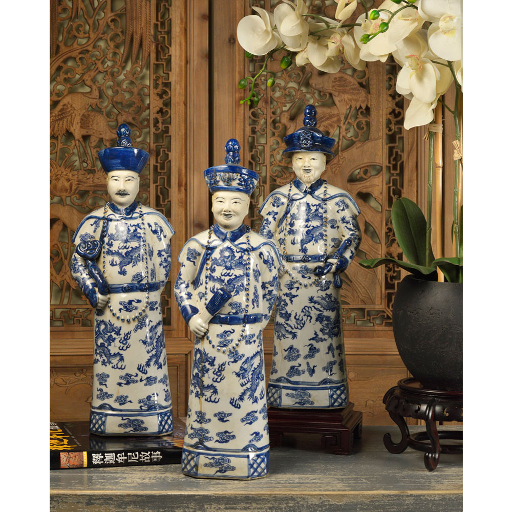 Blue and White Porcelain Qing Emperor Chinese Figurine Set