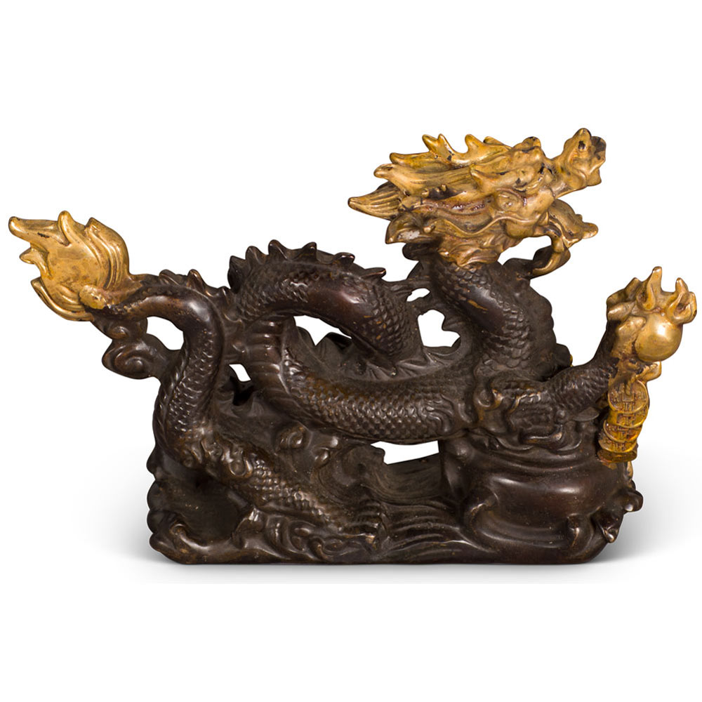 Bronze Chinese Dragon with Flaming Pearl Figurine
