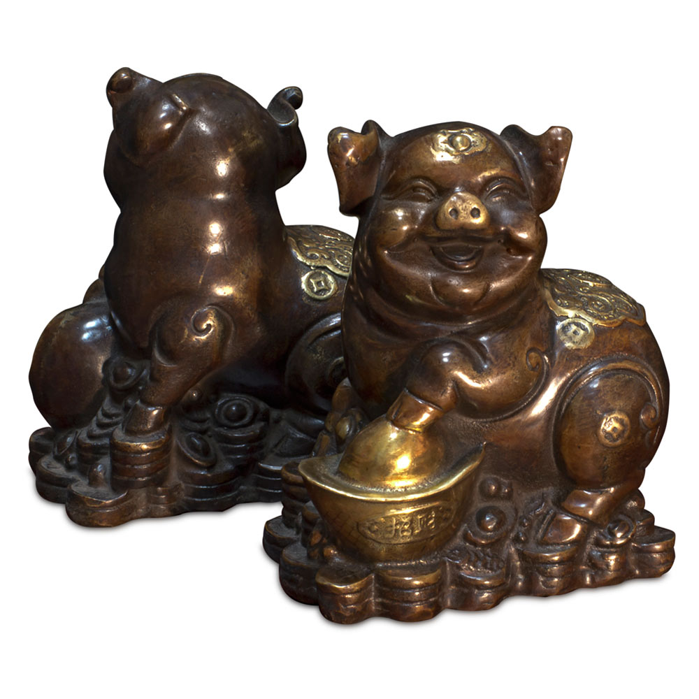 Bronze Lucky Boars Chinese Figurines Set