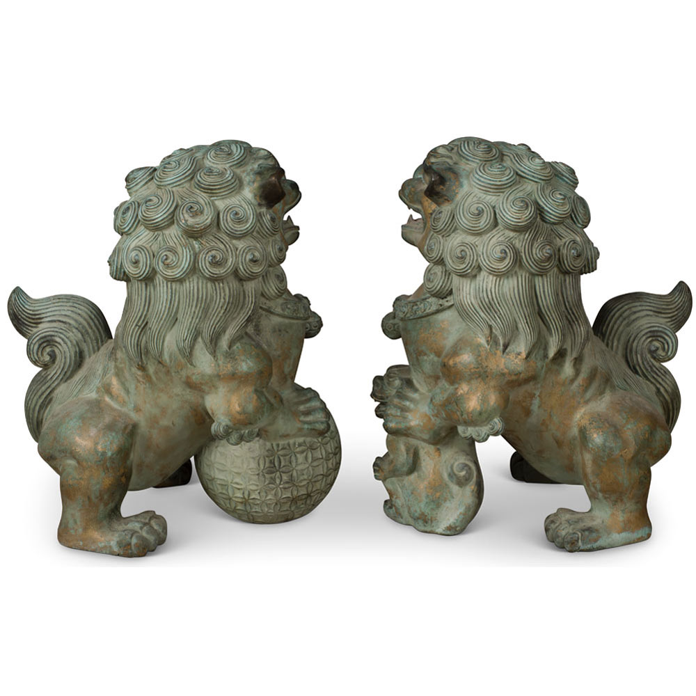 Hand Forged Grand Bronze Chinese Imperial Palace Foo Dogs Figurine Set