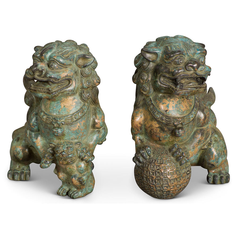 Hand Forged Bronze Chinese Imperial Palace Foo Dogs Figurine Set