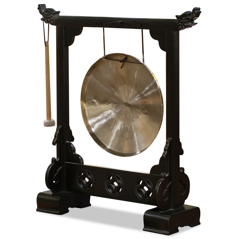 Brass Chinese Gong With Black Elmwood Dragon Frame