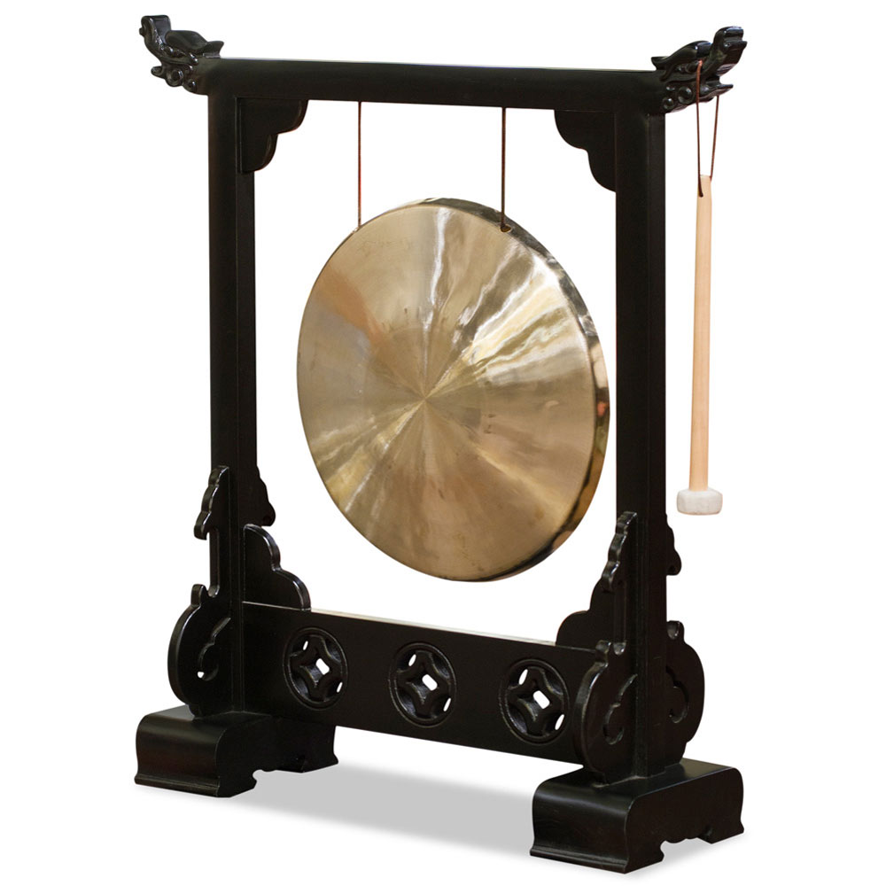 Brass Chinese Gong With Black Elmwood Dragon Frame