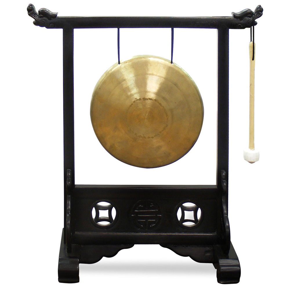 Brass Chinese Gong With Elmwood Dragon Longevity Frame