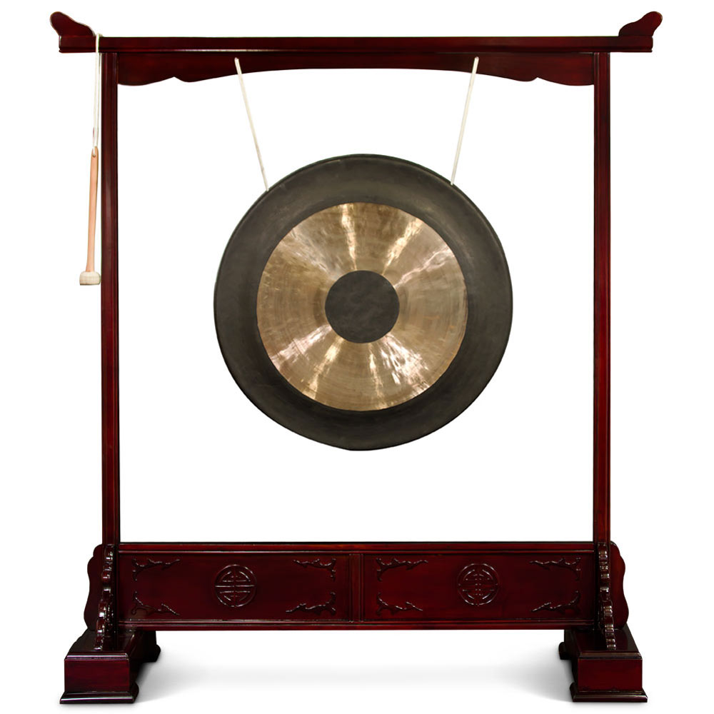 Chinese Brass Gong with Cherry Finish Longevity Motif Rosewood Stand