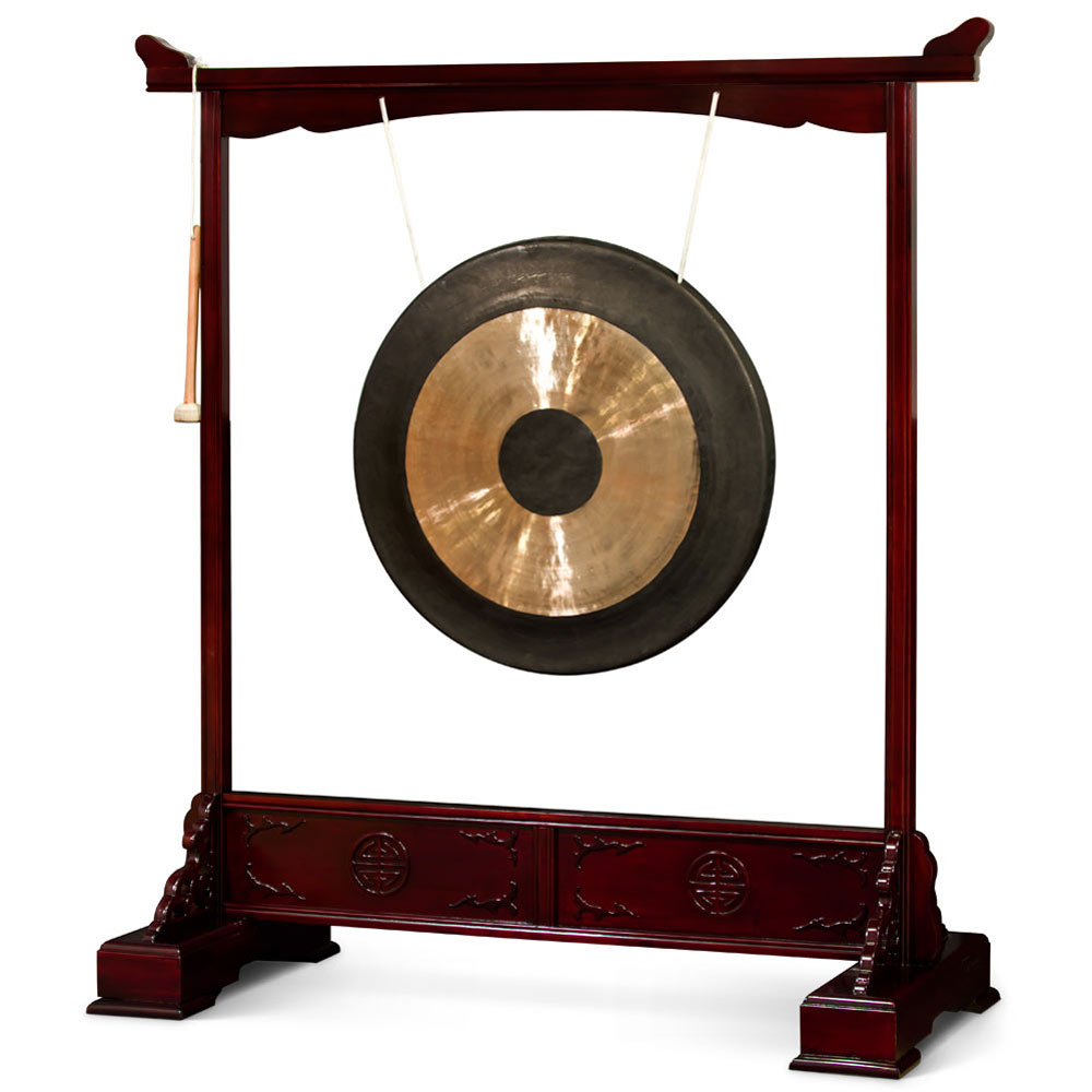 Chinese Brass Gong with Cherry Finish Longevity Motif Rosewood Stand