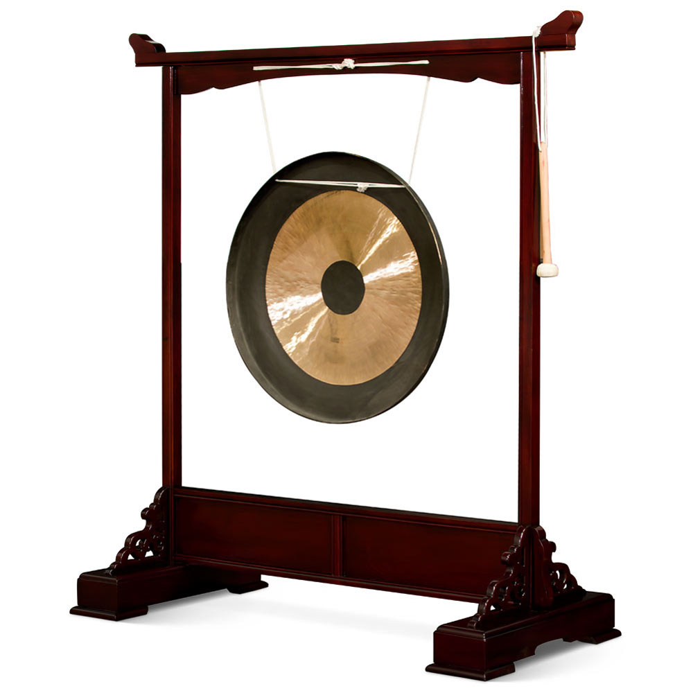 Chinese Brass Gong with Cherry Finish Longevity Motif Rosewood Stand