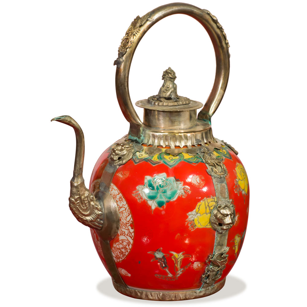 Red Tibetan Porcelain Teapot with Brass Embellishments