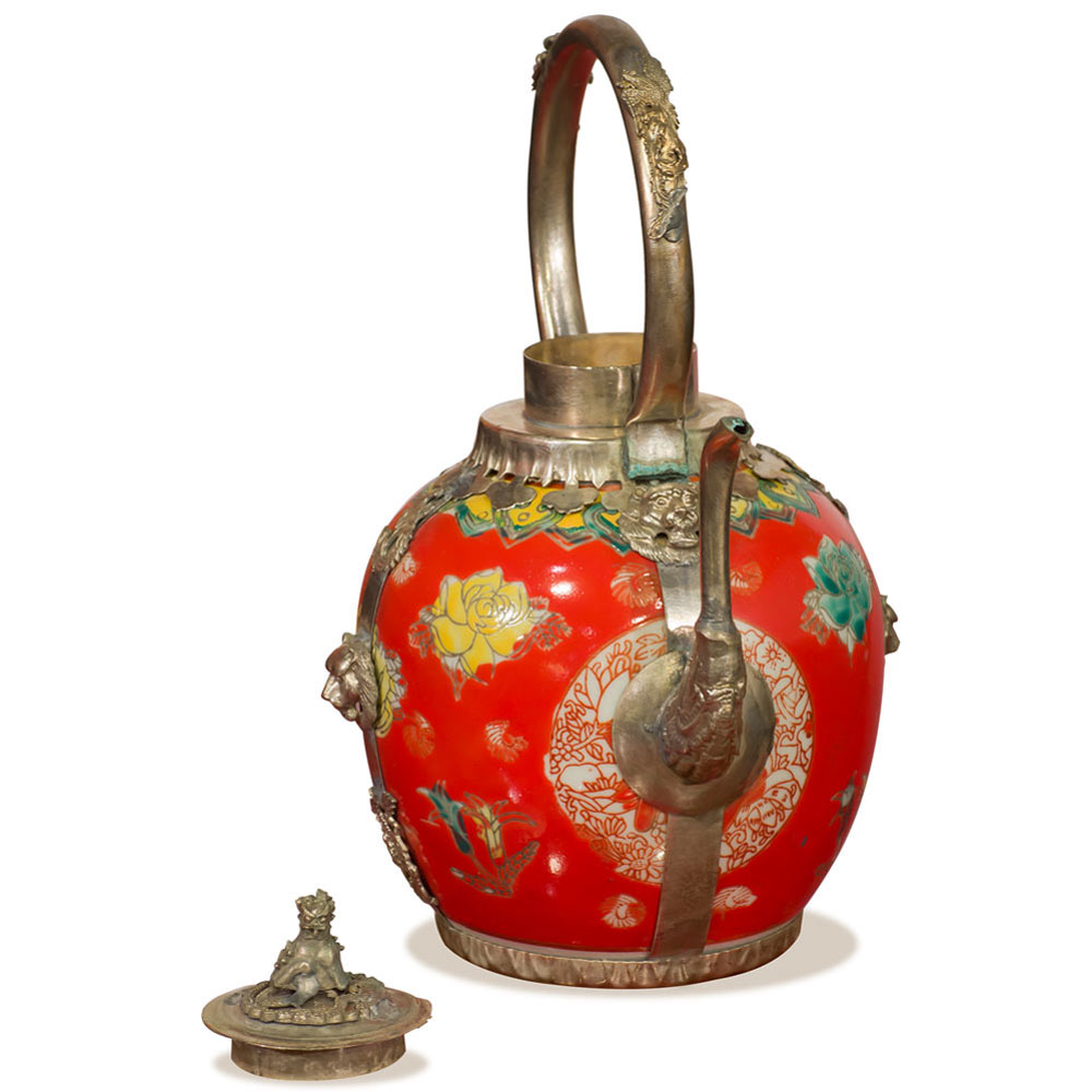 Red Tibetan Porcelain Teapot with Brass Embellishments