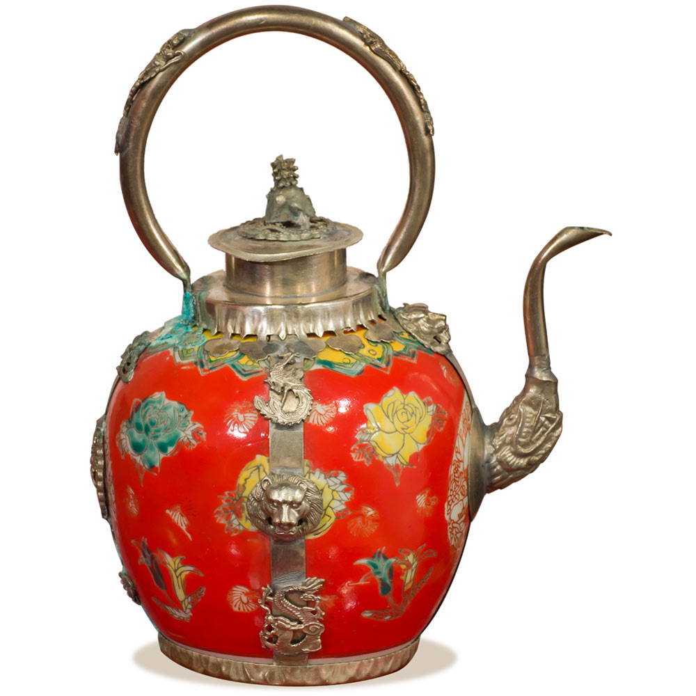 Red Tibetan Porcelain Teapot with Brass Embellishments