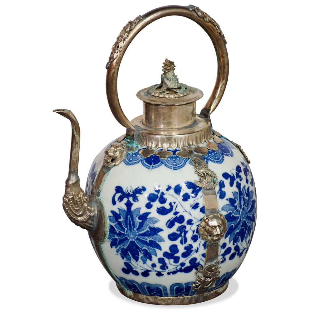 Tibetan Porcelain Teapot with Brass Embellishments