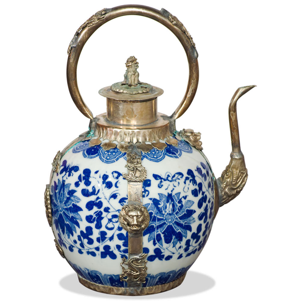 Blue and White Tibetan Porcelain Teapot with Brass Embellishments