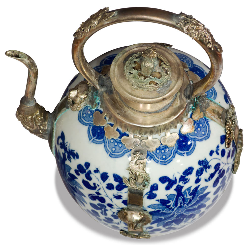 Blue and White Tibetan Porcelain Teapot with Brass Embellishments